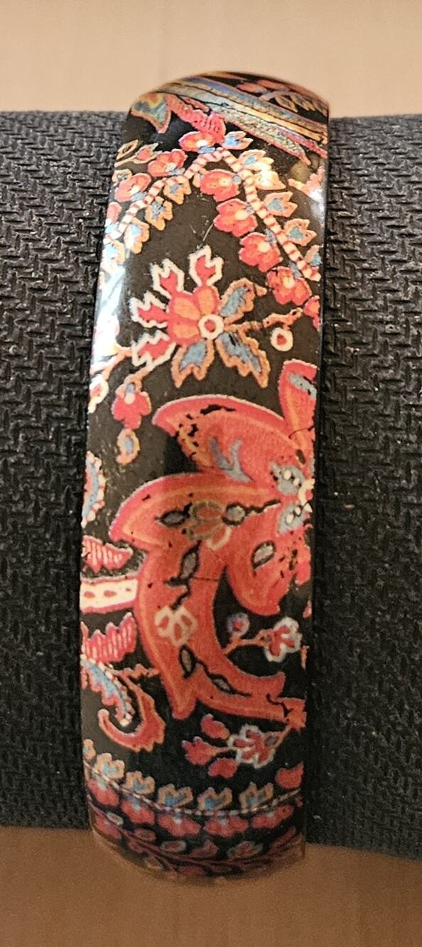 Vintage Bangle Bracelet Hand Painted Red Gold Floral Black 3”